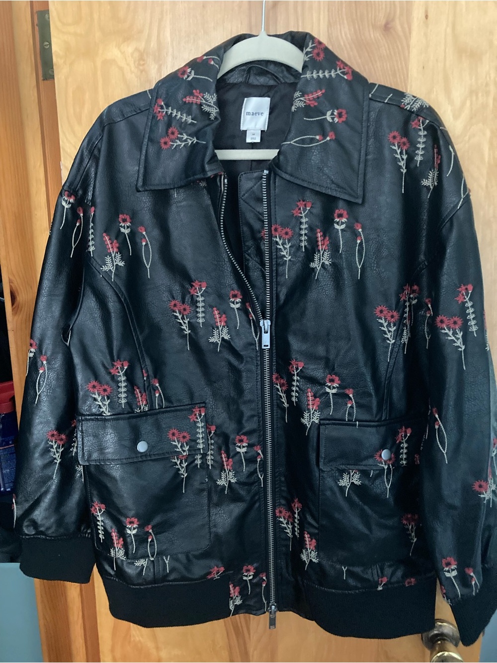 Maeve Black Faux-Leather Floral Embroidered Bomber Jacket